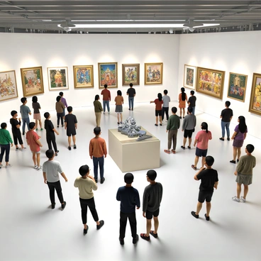 A large gallery space in Singapore filled with various artworks. The walls display colorful paintings and intricate sculptures representing different cultural backgrounds. There are pieces showcasing traditional Asian art alongside modern Western styles. Visitors of diverse ethnicities walk through the gallery, admiring the exhibits and engaging in conversations. The lighting is bright, highlighting the vibrant colors and textures of the artworks. Some pieces are framed elegantly, while others are displayed on pedestals in the center of the room. A sign at the entrance reads "Art Show: Celebrating Cultural Diversity".