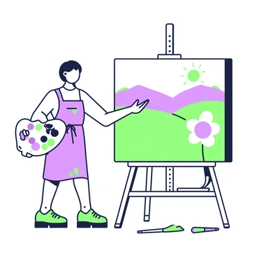 An artist is standing in front of a large canvas, proudly showcasing a landscape painting. The painting depicts rolling hills and a bright sun, but the colors used are unconventional for nature. The hills are painted in purple tones, while the sky features vibrant green hues. The artist is wearing a paint-stained apron and holding a palette filled with various colors in their left hand. Their right hand is gesturing towards the painting, which includes exaggerated elements such as oversized flowers in clashing shades. The background features an easel and paintbrushes scattered on the ground.