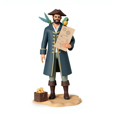 A pirate action figure, dressed in a detailed dark blue coat with gold trim, brown leather boots, and a tri-corner hat. The figure has a rugged face with a thick beard and a confident expression. Perched on his shoulder is a colorful parrot with vibrant green and yellow feathers, its wings slightly spread. In one hand, the pirate holds an old, weathered treasure map, showing marked locations and an "X" indicating buried treasure. The figure stands on a sandy surface, with a small wooden chest partially visible nearby, filled with gold coins and jewels.