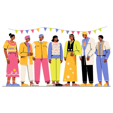 A group of six people standing together at a festive event, each adorned in vibrant traditional cultural attire. On the left, a woman is wearing a long, colorful dress with intricate patterns and a matching headscarf. Next to her, a man sports a brightly colored tunic with decorative embroidery and loose-fitting trousers. Another woman stands in the center, showcasing a layered skirt with floral designs and beaded accessories. To her right, a man wears a patterned vest over a long-sleeve shirt, paired with a traditional hat. The fifth person, a woman, has a flowing gown adorned with ribbons and a necklace made of large beads. Finally, the last man is dressed in a ceremonial outfit, complete with a cape and ornate jewelry. The background features festive decorations, such as colorful banners and string lights, enhancing the celebratory atmosphere.