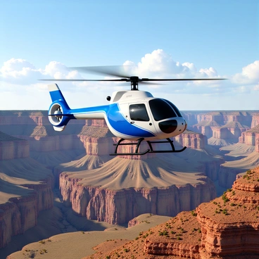 A sleek private helicopter with a glossy white and blue exterior is flying above the Grand Canyon. The helicopter is equipped with rotors that are spinning efficiently, casting shadows on the rocky terrain below. The landscape features dramatic cliffs with vibrant red and orange hues, contrasting against patches of green vegetation. The vast expanse of the canyon stretches out beneath, showcasing its intricate formations and deep crevices. The sky is clear, with a few fluffy white clouds scattered across the blue expanse, enhancing the beauty of the scene.