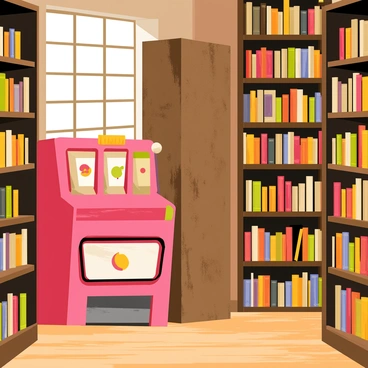 An old bookshop filled with shelves lined with dusty books of various sizes and colors. The wooden floor creaks softly underfoot, adding to the charm of the space. In the corner, there is a tall bookshelf with worn leather bindings. Behind this bookshelf, a vintage slot machine stands, displaying a bright red exterior with shiny metal accents. The slot machine has three reels adorned with colorful fruit symbols, and a lever on the side that is ready to be pulled. Soft, warm light filters through a nearby window, illuminating the bookshop's cozy atmosphere.