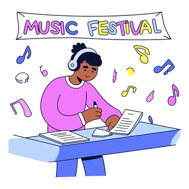 A person standing at a registration booth for a music festival. The person is wearing a pair of oversized headphones that are black and white. They are filling out a form on a clipboard with a pen. Surrounding the person are colorful musical notes in various sizes, floating around as if they are dancing in the air. The background features a banner that reads "Music Festival Sign-Up" in vibrant lettering.
