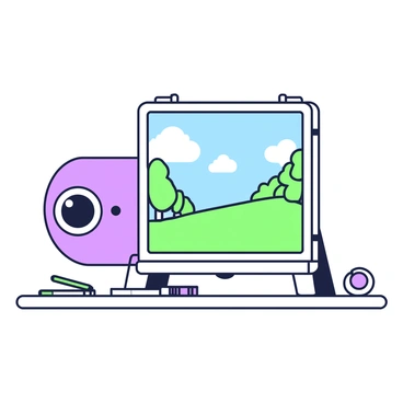 An illustration depicting a camera obscura setup. The camera is a rectangular wooden box with a small aperture on one side. Inside the box, there is a lens positioned across from the aperture. Light enters through the aperture and projects an upside-down image on the opposite internal surface of the box. This surface is covered with a translucent material, displaying the inverted image of a landscape with trees and clouds. The scene outside features a clear blue sky and vibrant greenery. The entire setup is placed on a sturdy table, with some drawing tools scattered nearby.