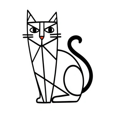 A tattoo design featuring a cat created entirely from geometric shapes and lines. The cat is depicted in a seated position with its tail curled around its body. The design includes a variety of triangles, circles, and straight lines to form the head, ears, and body, with sharp angular features and a minimalist aesthetic. The cat's eyes are represented by two large triangles pointing downward, giving it a focused expression. The overall tattoo is bold and black, emphasizing the intricate arrangement of shapes and the clean design.