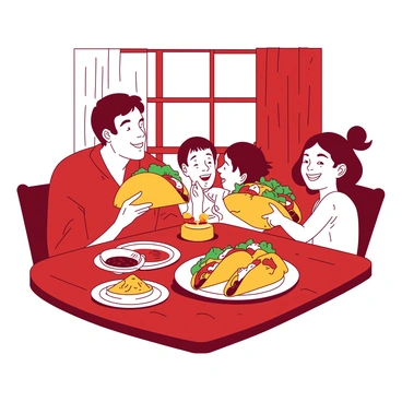 A red wooden table is set in a cozy dining room where a family is gathered. The family members, consisting of two adults and two children, are smiling as they each hold a crunchy taco. The tacos are filled with vibrant fresh ingredients, including green lettuce, red tomatoes, yellow cheese, and white sour cream. Brightly colored plates are placed in front of them, with additional sides of salsa and guacamole. Natural light streams through the window, casting soft shadows in the room, enhancing the joyful atmosphere of togetherness.
