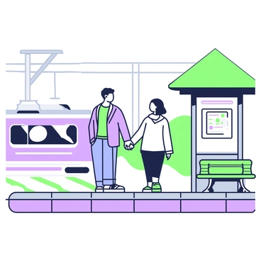 A couple waiting on a platform for a train, holding hands and gazing at the tracks.