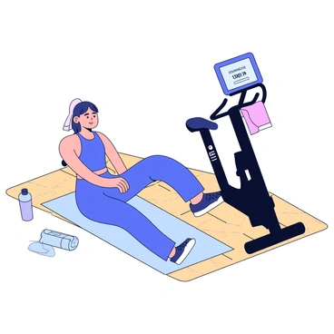 A rider is sitting comfortably on a light blue yoga mat. The rider is dressed in athletic clothing, appearing relaxed after their workout. Nearby, a sleek black Peloton bike is positioned, with its screen displaying workout stats. A small water bottle rests close to the mat, and a towel is draped over the bike's handlebars. The floor beneath them is a light wood finish, completing the scene.