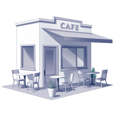 A small cafe with a quaint exterior featuring a charming entrance. The cafe has several tables arranged outside, each with a unique design. There are simple chairs surrounding the tables, showcasing various shapes and forms. The cafe's windows are large, allowing light to filter in, and a sign hangs above the door displaying the name of the cafe in bold letters. A potted plant sits near the entrance, adding a touch of greenery to the scene. The atmosphere feels inviting and lively, perfect for enjoying a warm beverage.