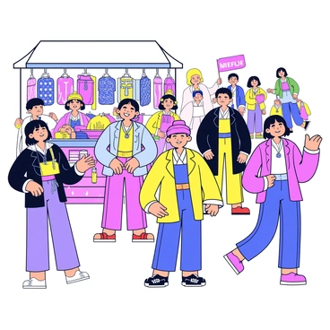 A vibrant market scene filled with a diverse range of people wearing a fusion of Korean fashion elements with various cultural styles. Individuals are dressed in traditional Korean hanboks featuring bright colors and intricate patterns, paired with accessories from other cultures, such as scarves and jewelry. Stalls around the market are adorned with colorful fabrics, showcasing a mix of styles and textiles. The atmosphere is lively, with shoppers engaged in conversation and vendors displaying their unique items.