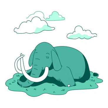 A teal mammoth is resting peacefully on a patch of green grass. Its large tusks are elegantly curved, and its thick fur appears fluffy and inviting. Above the mammoth, there are "dream-like clouds" in a soft white, swirling gracefully in the sky. The clouds take on various whimsical shapes, adding a sense of movement and tranquility to the scene. The mammoth's eyes are closed, suggesting it is in a deep and restful slumber, while the gentle breeze lightly rustles the grass around it.