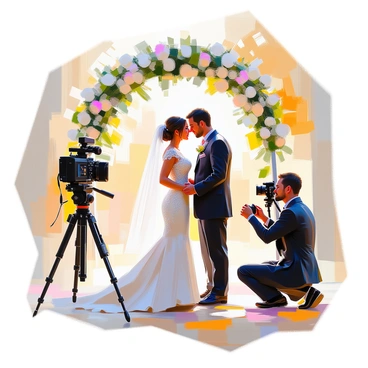 A couple in formal wedding attire sharing a tender moment, gazing into each other's eyes. The bride is wearing a white dress with intricate lace detailing, while the groom is in a dark suit with a light-colored tie. They are standing under a floral arch adorned with white and pastel-colored flowers. Nearby, a photographer is kneeling on the ground, focused on capturing the couple's expressions with a camera. Soft sunlight filters through the trees, creating a warm atmosphere around them.