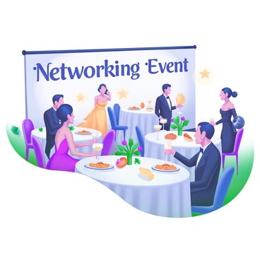 A formal networking dinner scene featuring elegantly dressed guests seated at round tables. The guests are wearing tuxedos and evening gowns, engaging in conversation with smiles. Each table is adorned with white tablecloths, elegant centerpieces of fresh flowers, and sparkling glassware. Soft lighting creates a warm atmosphere, highlighting the sophisticated decor of the venue. In the background, a large banner displays the words "Networking Event" in stylish lettering. Plates of gourmet food are elegantly served at each table, and the guests hold drinks in fine crystal glasses.