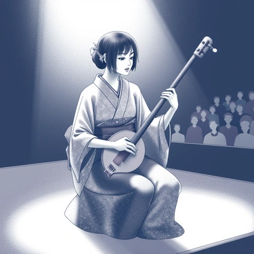 A woman named "Kanako" is positioned at the center of a stage, playing a traditional musical instrument. She is wearing a detailed kimono that features intricate patterns and textures, which drapes elegantly around her. The stage is illuminated by bright lights, creating a stark contrast with the dark surroundings. The instrument she plays is prominently visible, showcasing its unique design. Her posture is poised and focused, conveying her dedication to the performance. The audience is faintly visible in the background, captivated by her music.