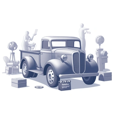 An antique truck stands prominently on a vintage movie film set. The truck is weathered, featuring a classic design with rounded edges and large, sturdy wheels. It has a shiny chrome grill, and the paint shows signs of aging, giving it character. The backdrop includes an old-fashioned film camera on a tripod, with crew members adjusting lights and equipment. Surrounding the truck, various props such as wooden crates, director's chair, and film reels are scattered, contributing to the nostalgic atmosphere of the set. A vintage-style clapperboard rests against one of the truck's tires, ready for the next scene to be filmed.