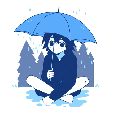 An emo character with dark hair is sitting cross-legged under a blue umbrella in the rain. The character is wearing a black hoodie, and their expression is melancholic, with downturned eyes and a thoughtful gaze. Raindrops are falling around, creating small splashes on the ground. The surrounding environment is muted, with soft outlines of trees in the background. The blue umbrella provides a stark contrast to the gray tones of the rainy scene, emphasizing the character's solitude.
