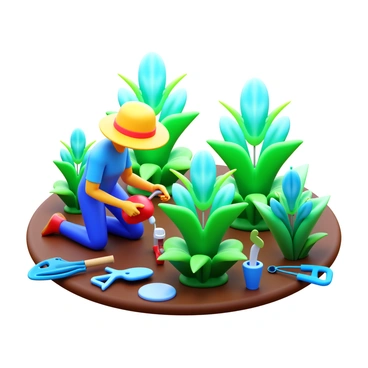 A gardener wearing a sun hat is kneeling in a vibrant garden filled with genetically modified plants. The plants have bright, glowing leaves in various shades of green and blue. The gardener is gently watering the plants with a watering can, and the soil surrounding the plants appears rich and dark. Sunlight filters through the leaves, creating a dappled effect on the ground. Various gardening tools are scattered nearby, adding to the lively atmosphere of the garden.