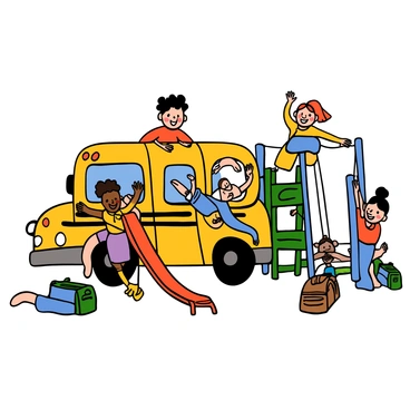 A group of children of various ethnicities are playing near a bright yellow electric school bus parked beside a colorful playground. The playground features a red slide, blue swings, and green climbing structures. Some children are climbing on the jungle gym, while others are sliding down the slide or swinging back and forth on the swings. The bus is adorned with cheerful designs, and a few backpacks are scattered nearby. The children are laughing and interacting joyfully, creating a lively scene filled with energy and activity.