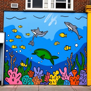 A vibrant mural on a city wall shows a whimsical underwater scene filled with various colorful marine life. There are playful dolphins jumping out of the water, surrounded by schools of bright fish in shades of yellow, blue, and orange. Coral reefs in the foreground are depicted with intricate details, showcasing various shapes and colors. A large sea turtle swims gracefully among the corals, and we can see bubbles rising from the sea bottom. The background features a deep blue ocean with soft waves and rays of sunlight filtering through the water's surface.