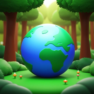 A globe showing an accurate representation of the Earth, placed on a bed of vibrant green grass in a dense forest. Tall trees with thick trunks and a rich canopy surround the globe, with patches of sunlight filtering through the leaves. Various shades of green foliage create a natural backdrop, while small wildflowers in bright colors peek through the grass. The globe itself reflects light, giving it a shiny surface that contrasts with the matte texture of the forest floor.