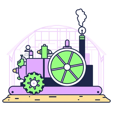 A vintage steam engine is prominently displayed on a wooden platform. The engine features detailed brass and steel components, showcasing its intricate design. Moving parts include the large, spinning flywheel and the pistons that are visibly in motion. Steam is escaping from one of the valves, creating a dynamic effect around the engine. A set of gears beside the engine is connected, emphasizing the mechanical interactions that demonstrate torque. The background is filled with a faint outline of a workshop, suggesting a mechanical environment.