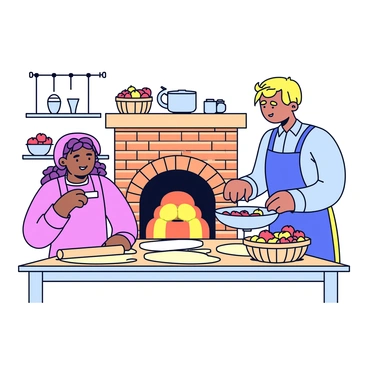 A historical kitchen scene featuring two people baking pies. One person is a woman with a long dress and an apron, rolling out dough on a wooden table. She uses a traditional rolling pin made of wood. The other person is a man wearing a shirt with rolled-up sleeves, mixing ingredients in a large bowl. The kitchen is filled with various old-fashioned tools, such as a hand-cranked mixer, measuring cups, and a woven basket filled with fresh apples. A brick fireplace is in the background, with a pot hanging above it and warm light illuminating the scene.