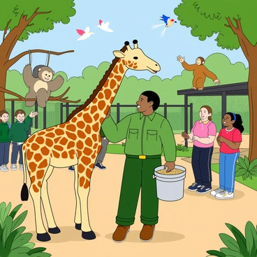 A man resembling Vadivelu, with dark skin and short black hair, is wearing a green zookeeper uniform. He is standing in a vibrant zoo environment, surrounded by various animals. In one hand, he holds a large bucket filled with animal food. He is enthusiastically feeding a friendly giraffe that is bending down to nibble from his hand. Nearby, a playful monkey swings from a branch, watching him curiously. Brightly colored birds fly overhead, and a group of children can be seen in the background, pointing and laughing at the animals. The scene is filled with lush greenery and animal enclosures, creating a lively atmosphere in the zoo.