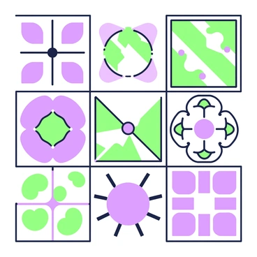 A series of geometric patterns arranged in a grid format. The patterns feature repeating shapes such as triangles, squares, and circles, each meticulously outlined. Some shapes are filled solidly, while others are left open, creating a contrast. The overall composition is intricate, showcasing symmetry and balanced proportions. Each pattern varies slightly in design, but they all maintain a cohesive aesthetic across the series. The outlines are prominent, enhancing the clarity of each geometric form.