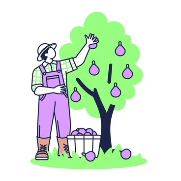 A farmer with a sunhat is standing under a fig tree, reaching up to pick ripe figs. The farmer is wearing a plaid shirt and denim overalls. In his right hand, he holds a fig while his left hand is placing more figs into a large woven basket at his feet. The tree has lush green leaves and clusters of purple figs, and the grass beneath is scattered with fallen figs. The scene captures the care and diligence of the farmer in harvesting the fruit.