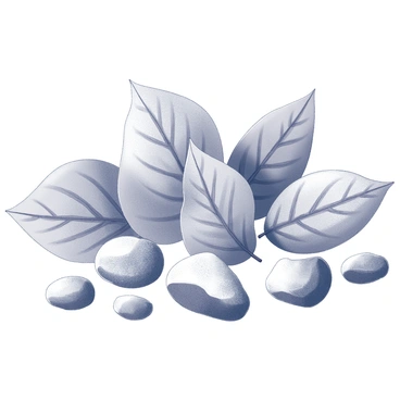 An assortment of natural elements is arranged together. There are various leaves with intricate vein patterns and different shapes, some are broad while others are slender. Scattered among the leaves are several stones of varied sizes and textures, some smooth and round, while others are irregular and jagged. The composition highlights the details of each element, showcasing the unique characteristics of nature.