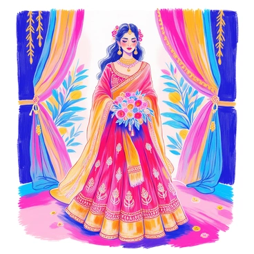 A modern Indian bride is standing gracefully, showcasing her wedding attire that blends traditional and contemporary styles. She is wearing a richly embroidered lehenga with intricate gold patterns and a flowing dupatta draped elegantly over her shoulders. Her blouse features modern cuts, complementing the traditional elements of her attire. 

The bride's hair is styled in soft waves, adorned with fresh flowers and sparkling hairpins. Her makeup enhances her features, with bold eyeliner and a touch of red lipstick. She wears elaborate jewelry, including a statement necklace and ornate earrings, adding to her overall look. 

In her hands, she holds a bouquet of mixed flowers, combining vibrant colors. The background features elegant decorations typical of an Indian wedding, such as colorful drapes and traditional motifs.