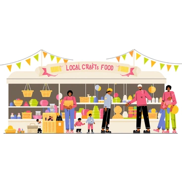 A cartoon-style illustration of a bustling market scene filled with vibrant stalls. Each stall features a variety of colorful goods, such as woven baskets, handmade pottery, and fresh fruits. People of diverse backgrounds are interacting, browsing the crafts and foods. The market is lively, with children playing near a stall displaying bright balloons. A large banner overhead reads "Local Crafts and Foods" in bold, cheerful letters, while decorative flags flutter in the breeze above the stalls.
