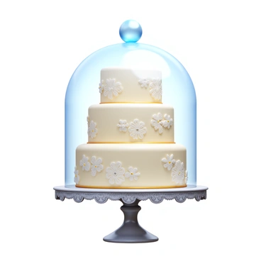 A tiered wedding cake with three levels, each decorated with intricate white icing flowers and delicate lace patterns. The cake features gold accents on each tier, adding elegance to its design. It is beautifully displayed under a large glass cloche, which captures the light and creates a shiny reflection. The base of the cloche rests on an ornate silver cake stand, enhancing the overall presentation. The setting includes a softly lit backdrop that emphasizes the cake's beauty.