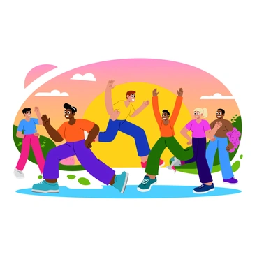 A group of energetic participants is engaged in an early morning aerobics class. The individuals, of various ages and fitness levels, are wearing colorful workout attire. Some are jumping, while others are stretching, showcasing a sense of movement and enthusiasm. The background features a vibrant sunrise, with a palette of warm oranges, pinks, and yellows illuminating the sky. Soft, gentle rays of sunlight break through, casting a warm glow on the participants. The scene captures the spirit of fitness and motivation as the day begins.