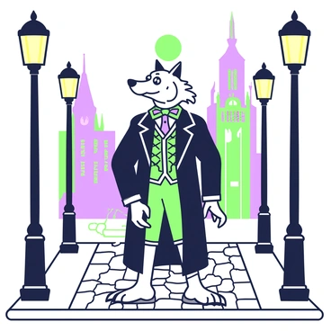 A werewolf stands on a cobblestone street, its humanoid form partially transformed with sharp claws and elongated features. It is dressed in Victorian-era clothing, including a long dark coat and a vest with intricate patterns. The werewolf's piercing eyes gaze into the distance, reflecting a hint of moonlight. Shadows are cast on the cobblestones, adding depth to the scene. Surrounding the werewolf, there are old street lamps with a warm glow, illuminating the area with soft light. In the background, there are tall, Victorian-style buildings with ornate details, completing the atmosphere.
