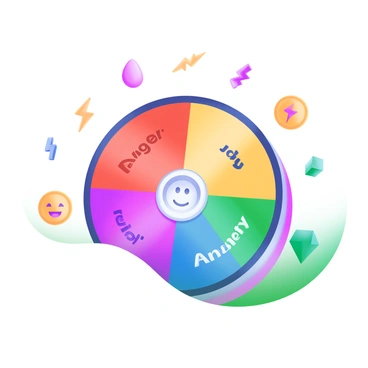 A modern pastel illustration of a colorful wheel divided into segments, each representing a different emotion in mental health. The segments include vibrant colors such as red for anger, blue for sadness, yellow for joy, green for calmness, and purple for anxiety. Each segment contains the name of the emotion written in a friendly font. Surrounding the wheel are small icons symbolizing various feelings, such as a smiling face for happiness, a teardrop for sadness, and a lightning bolt for anger, all designed in a soft, pastel palette. The background is light to enhance the colors of the wheel and icons.