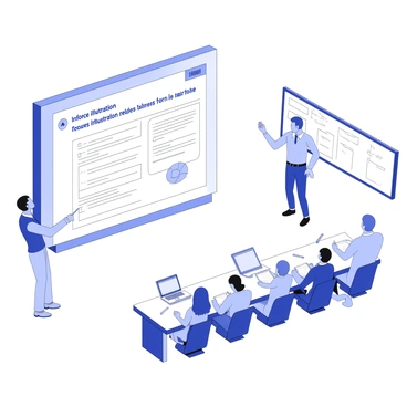 A training session is taking place in a conference room. In the center, there is a large projector displaying slides about "inforce illustration request forms" on a white screen. The slides feature bullet points and diagrams explaining the process. Surrounding the projector are several attendees sitting at a rectangular table, some taking notes on laptops, while others are engaged in discussion. The walls of the room are lined with whiteboards filled with annotations and markers scattered around the table. A trainer stands next to the projector, pointing at the slide with a remote control.