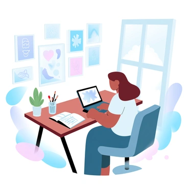 A freelance graphic designer is seated at a wooden desk, focused on a laptop. The designer is surrounded by an array of colorful artwork hanging on the walls, featuring various patterns and vibrant designs. On the desk, there are a few paintbrushes in a jar and a sketchbook open to a page filled with sketches. A large window allows natural light to pour in, highlighting the cozy atmosphere of the home office. A comfortable chair is positioned near the desk, and a small indoor plant adds a touch of greenery to the space.
