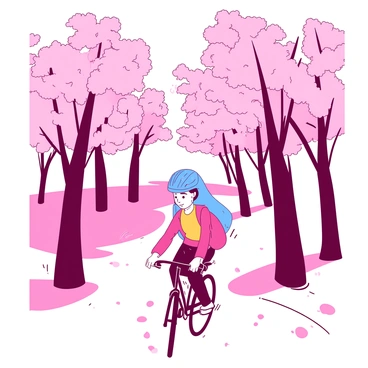 A person wearing a blue helmet is riding a bicycle along a winding path surrounded by tall trees. The trees are decorated with clusters of pink cherry blossoms that are in full bloom, creating a vibrant overhead canopy. The sun filters through the blossoms, casting soft shadows on the ground. The path is lined with fallen pink petals, adding to the picturesque scenery. The rider has a focused expression, enjoying the tranquil ride through the beautiful landscape.