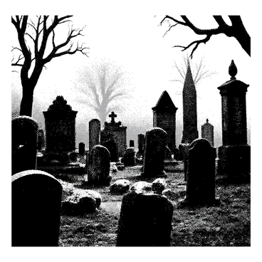 A spooky graveyard is filled with old, crumbling tombstones of various shapes and sizes, some leaning at awkward angles. The tombstones are covered in intricate carvings and have a weathered appearance. Eerie fog blankets the ground, swirling around the base of the stones and creating a mysterious atmosphere. Dark silhouettes of withered trees loom in the background, their branches reaching out like skeletal fingers. Shadows dance across the uneven ground, adding to the unsettling feel of the scene.