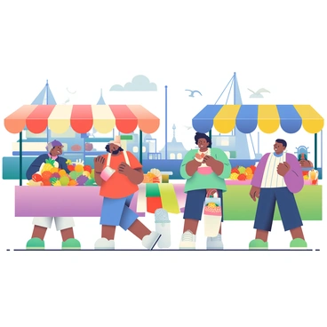 A bustling port city market is filled with vibrant colors and a variety of exotic goods. Stalls with multicolored canopies display an array of fruits, spices, and handmade crafts. Vendors, both local and from distant lands, are engaged in animated conversations with customers. A vendor with dark hair is showcasing bright, tropical fruits, while another with a beard is offering intricate pottery. In the background, ships can be seen docked at the harbor, and seagulls are flying overhead. People of diverse backgrounds are walking through the market, some carrying shopping bags filled with unique items. Rich textures and patterns are visible in the fabric of the goods on display, creating a lively and dynamic atmosphere.