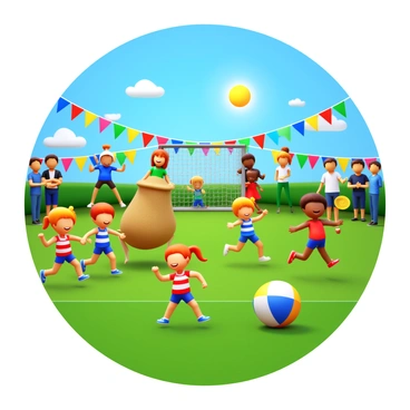 A group of children engaging in various activities during a fun sports day at school. Some children are running in a race, wearing colorful athletic uniforms. Others are participating in a sack race, hopping in burlap sacks with smiles on their faces. A few kids are playing with a giant beach ball, while others are throwing frisbees. In the background, there are banners and colorful flags decorating the field. Teachers and parents are cheering on the participants, creating an energetic atmosphere. The sun is shining bright in a clear blue sky.