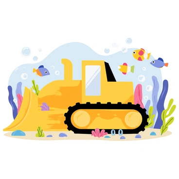 A bright yellow bulldozer is submerged underwater, exploring the ocean floor. The bulldozer has its front blade lowered, gently moving sand and pebbles. Colorful fish of various shapes and sizes, including a blue tang and a clownfish, swim around the bulldozer, curiously inspecting the machine. Colorful coral reefs and seaweed fill the background, creating a lively underwater environment. Bubbles rise up from the bulldozer, adding to the playful atmosphere of the scene.