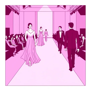 A pink runway stretches out under bright lights, showcasing models strutting in regal gowns and suits. One model is wearing a flowing gown with intricate lace details, while another is clad in a sharp, tailored suit with a bold pattern. Other models follow, each displaying unique designs that shimmer under the lights. The audience is seated on either side of the runway, eagerly watching the elegant display of fashion.