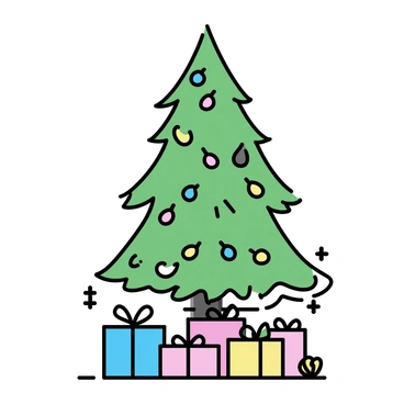A holiday scene featuring a large, evergreen tree, richly adorned with colorful ornaments and twinkling lights. Beneath the tree, there are several wrapped presents in various sizes, each with vibrant wrapping paper and ribbons. The setting has a cozy atmosphere, indicating a celebration with details such as a few scattered pine cones and holiday decorations in the background.