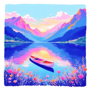 Turn a photo of a still lake surrounded by mountains into a tranquil, reflective illustration