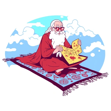 An elderly wizard with long white hair and a flowing robe sits cross-legged on a vibrant flying carpet. The carpet is adorned with intricate patterns in shades of red and blue. In his hands, he holds an aged, glowing map filled with various symbols and markings. The wizard's spectacles reflect the light from the map, highlighting his curious expression. The edges of the carpet flutter gently in the air as it glides through a sky filled with fluffy white clouds. In the background, hints of distant mountains can be seen, adding depth to the scene.