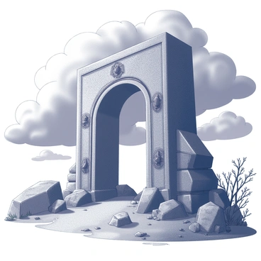 A mysterious gateway leading into the underworld, framed by ominous clouds