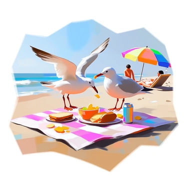 A seagull with white and gray feathers is captured mid-flight as it snatches a golden chip from a vibrant picnic blanket. The blanket is spread across the warm, sandy shore, dotted with other picnic items, including a sandwich and a drink can. In the background, gentle waves lap at the shoreline, and a few beachgoers are lounging in the sun, with colorful umbrellas providing shade. The sky is clear blue, and the sunlight casts soft shadows on the sand, creating a lively beach atmosphere.