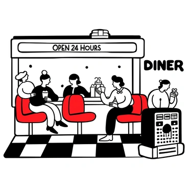 A retro diner featuring a checkered floor and classic red vinyl booths. "Open 24 Hours" neon sign illuminates the exterior, while another sign reads "Diner" in bold lettering. Inside, a group of people sit at the counter, each holding large milkshakes with whipped cream on top. A waitress in a vintage uniform is serving a customer at the booth, and a jukebox stands in the corner, showcasing an array of records. The scene is filled with the atmosphere of conversation and laughter, capturing the essence of a lively diner experience.